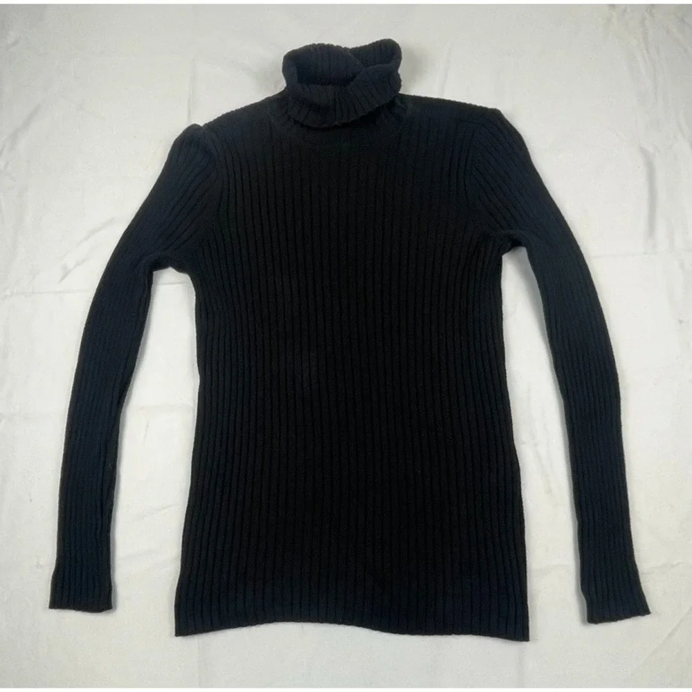 CHICOS BLACK RIBBED TURTLENECK SWEATER WOMENS SIZE 0 US SMALL COOLMAX KNIT